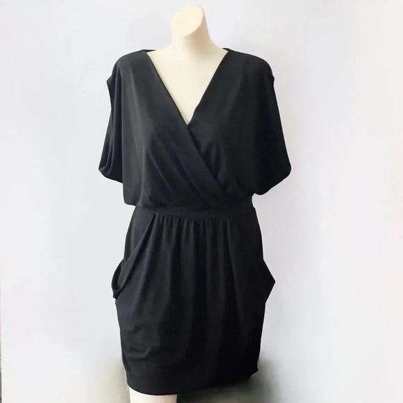 Rachel Roy 24Hour Black Dolman Sleeve Wrap Plunge Front Pocket Mini Dress Size M - Picture 2 of 9